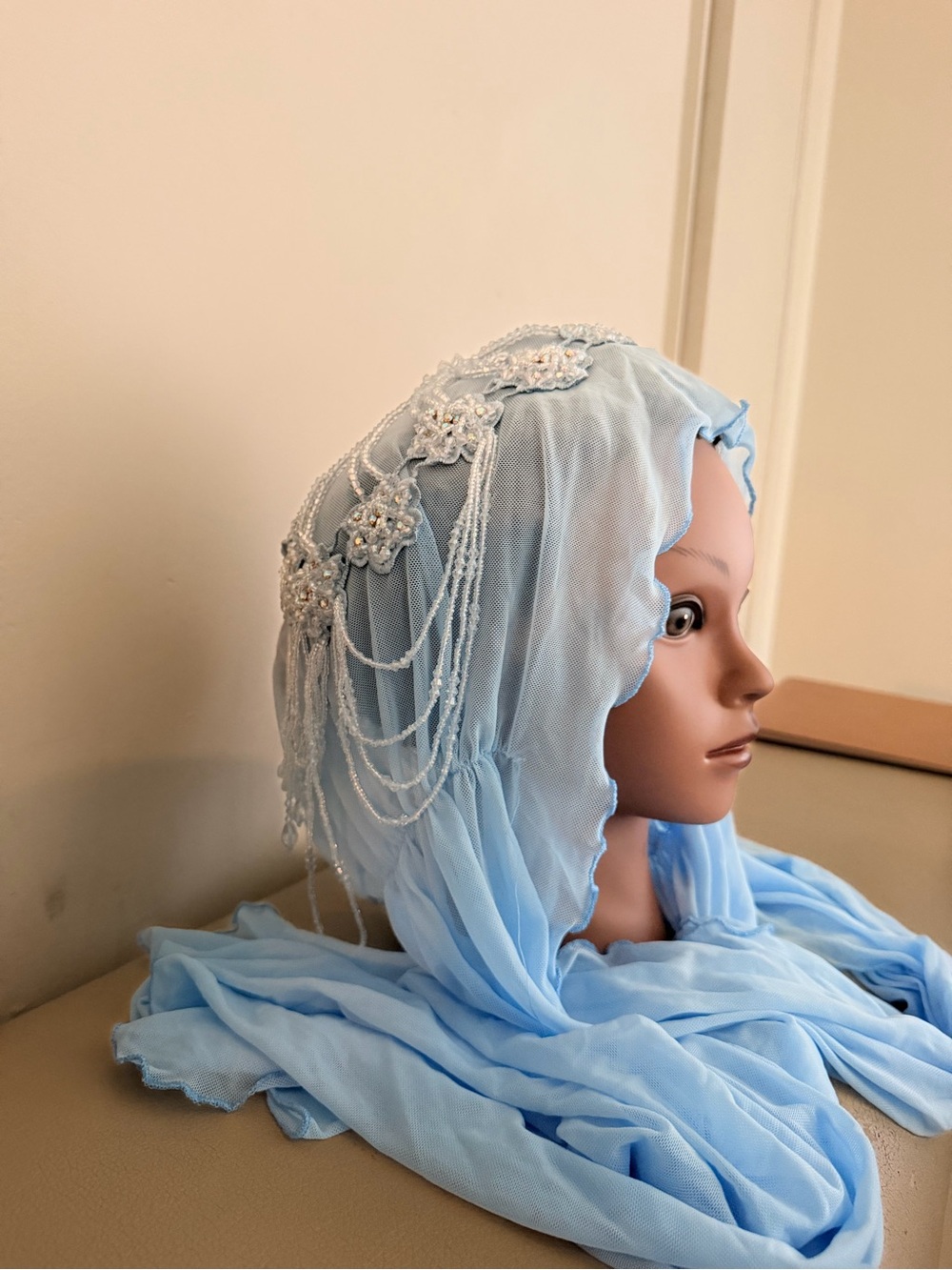 Embellished Light Blue Beaded Hijab Scarf